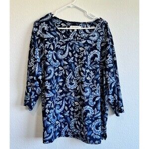 Emily Daniels Women's Blue Paisley Round Neck Shirt 3/4 Sleeve Stretch 2X